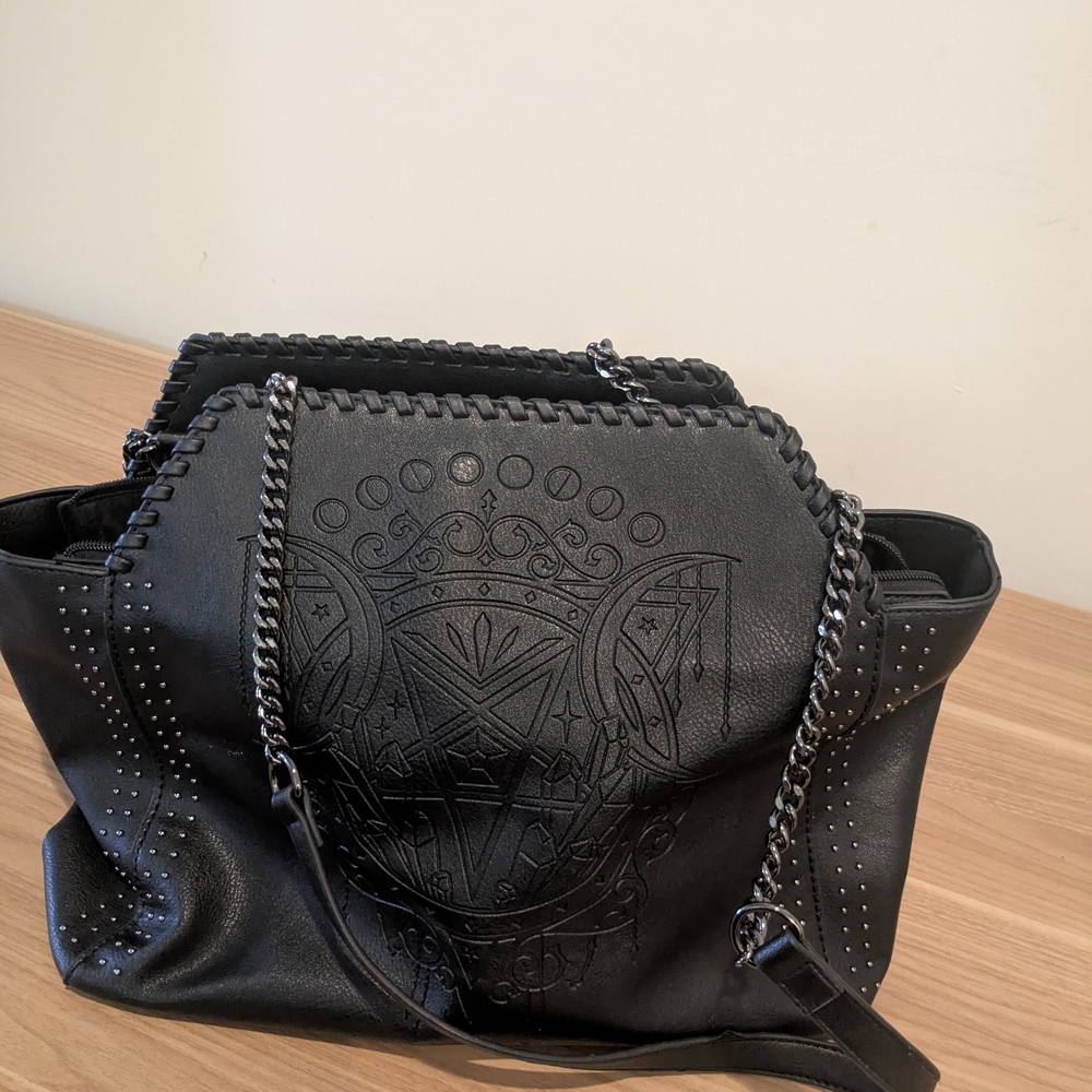 Witchy Crescent Moon Pentagram Black Weekender Bag With Chain Strap Detail